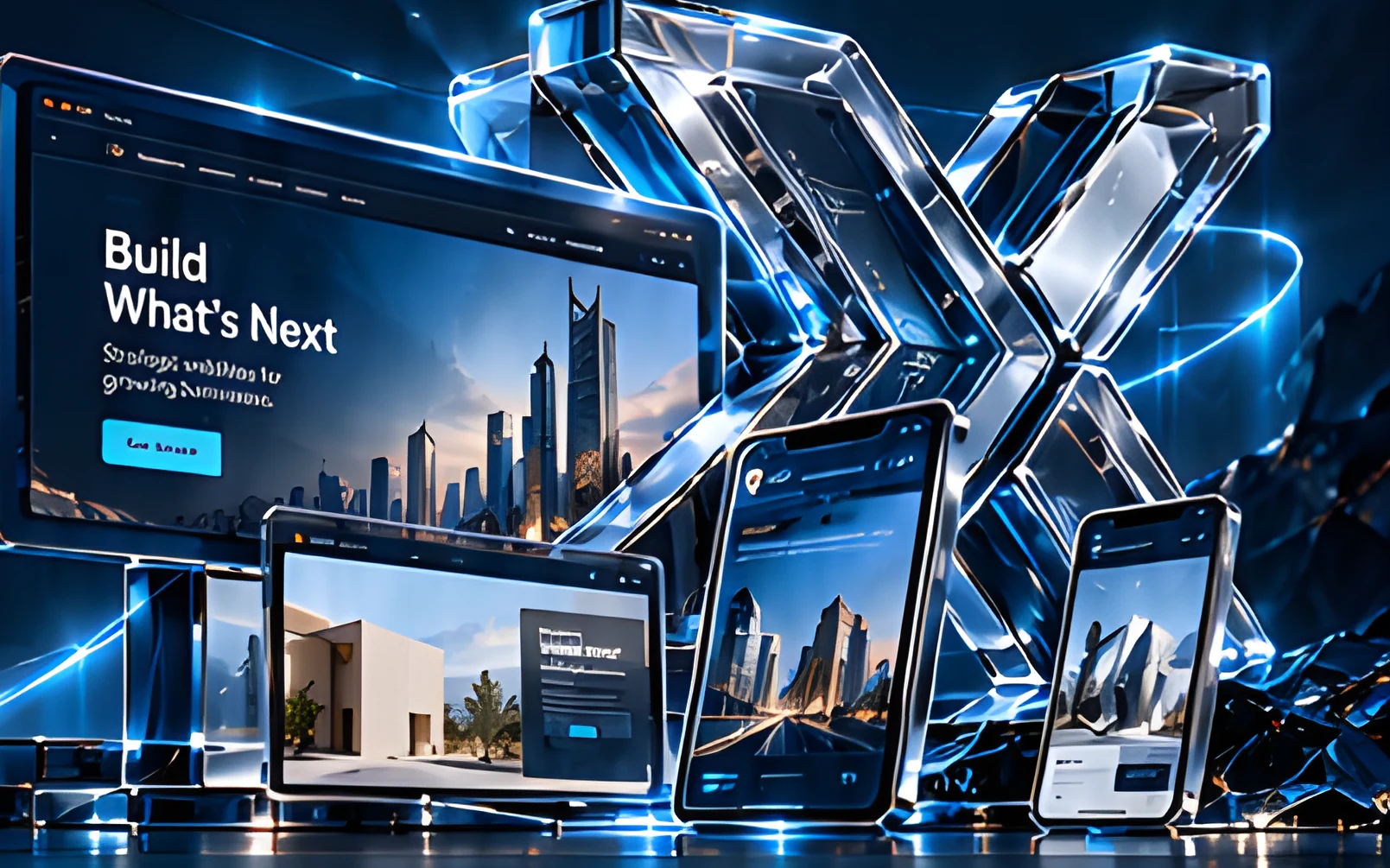 Glass X mark with desktop, tablet and phone screens showing a modern website