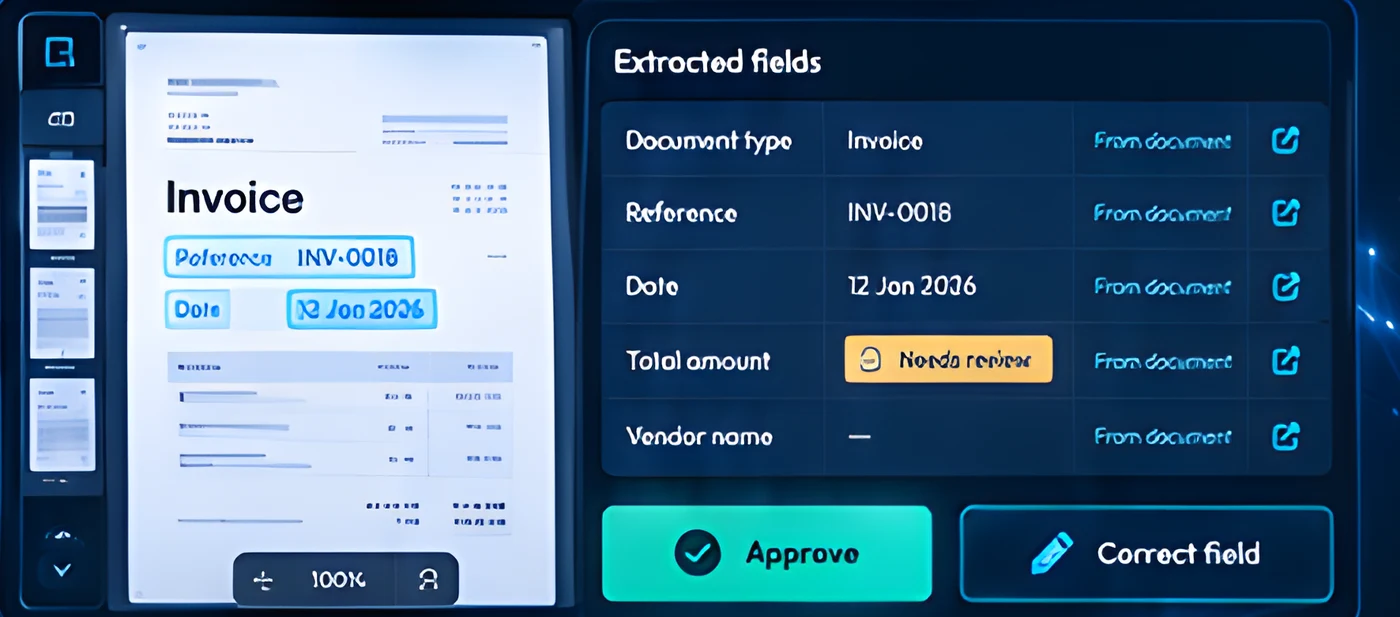 Invoice preview beside extracted fields with Approve and Correct field buttons