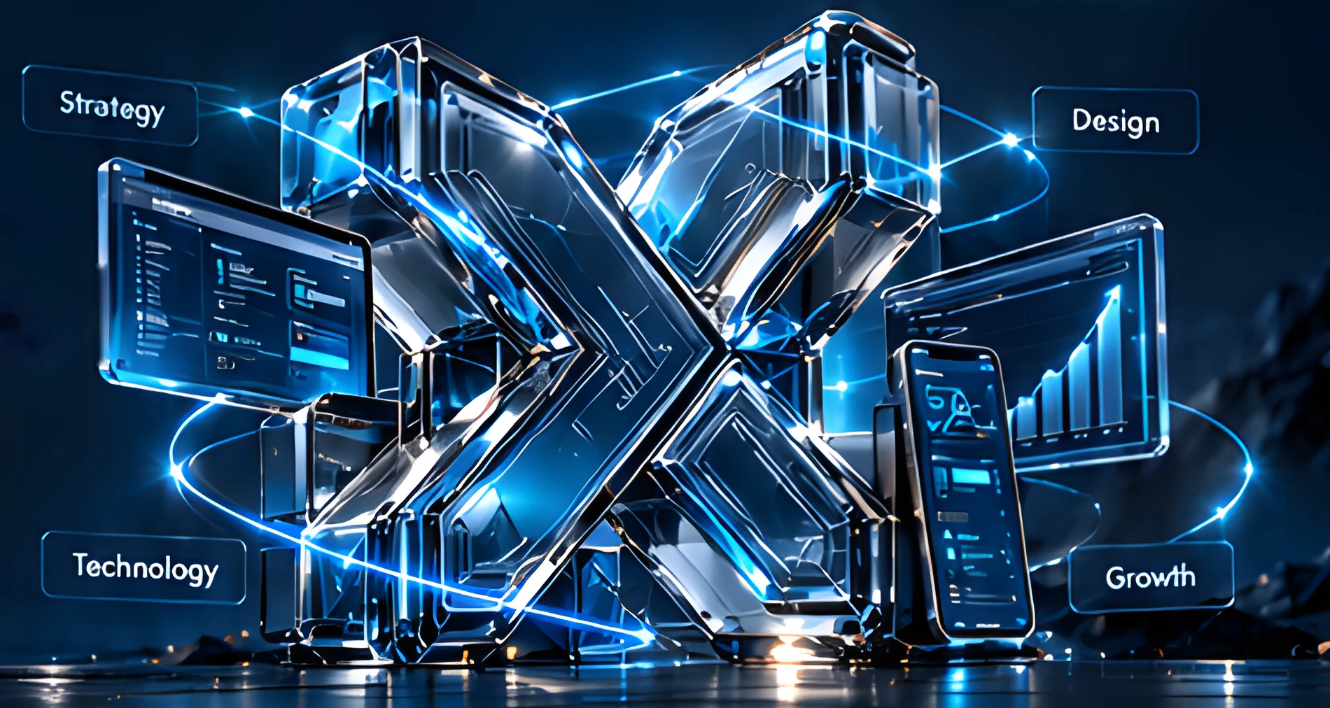 Glass X mark surrounded by floating strategy, design, technology and growth panels