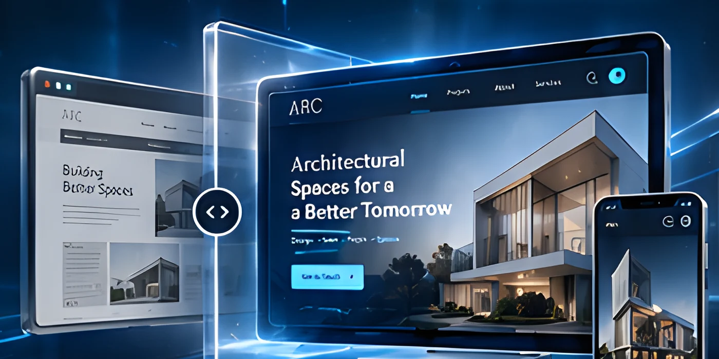 Outdated website on the left and a modern redesigned website on the right, joined by a glass slider, with a phone version
