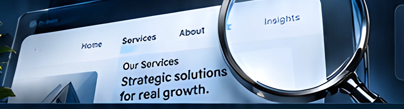 Magnifying glass over a website navigation bar