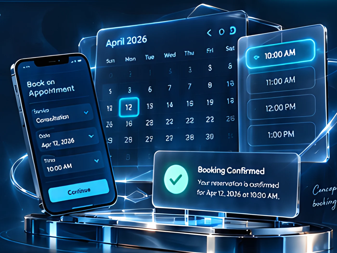 Booking app on a phone with a calendar, time slots and a booking confirmation on a glass stage