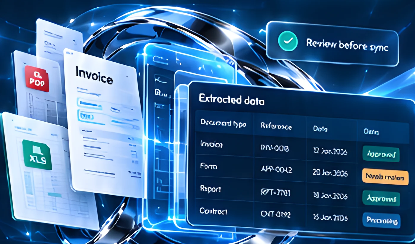 Documents in PDF and spreadsheet formats flowing into an Extracted data table with a Review before sync chip