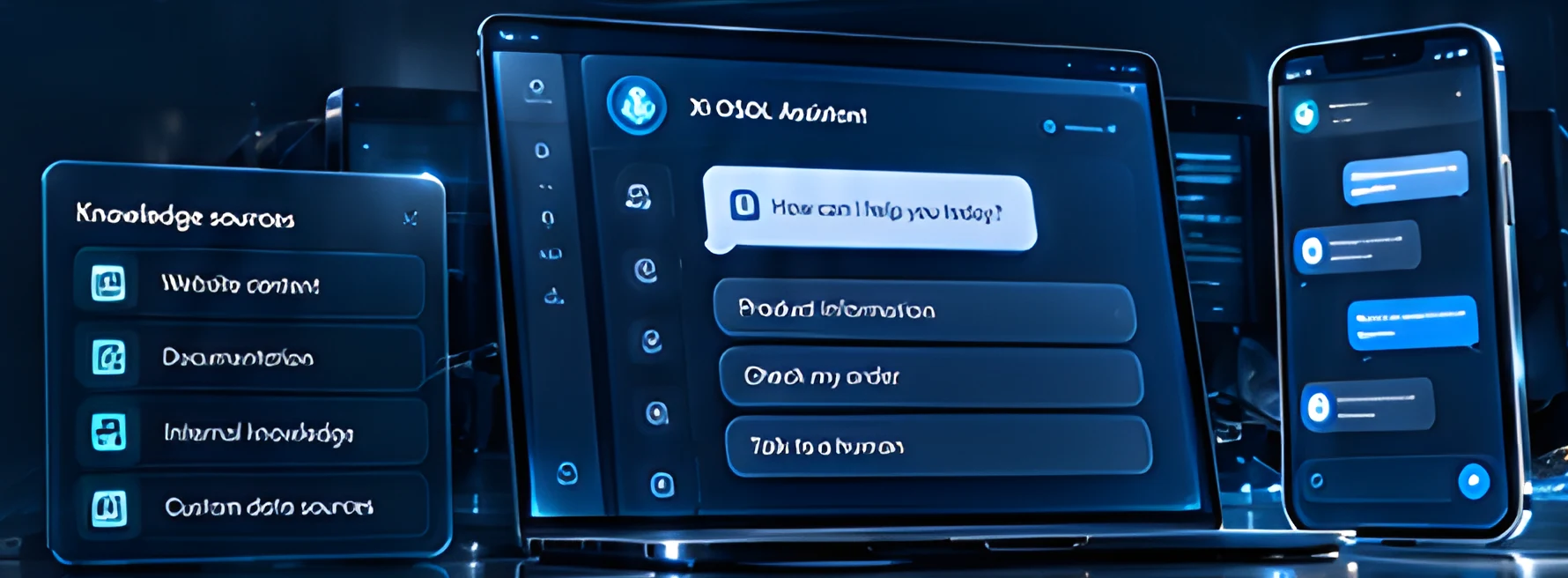 Glass knowledge-sources panel, laptop and phone showing an AI assistant conversation