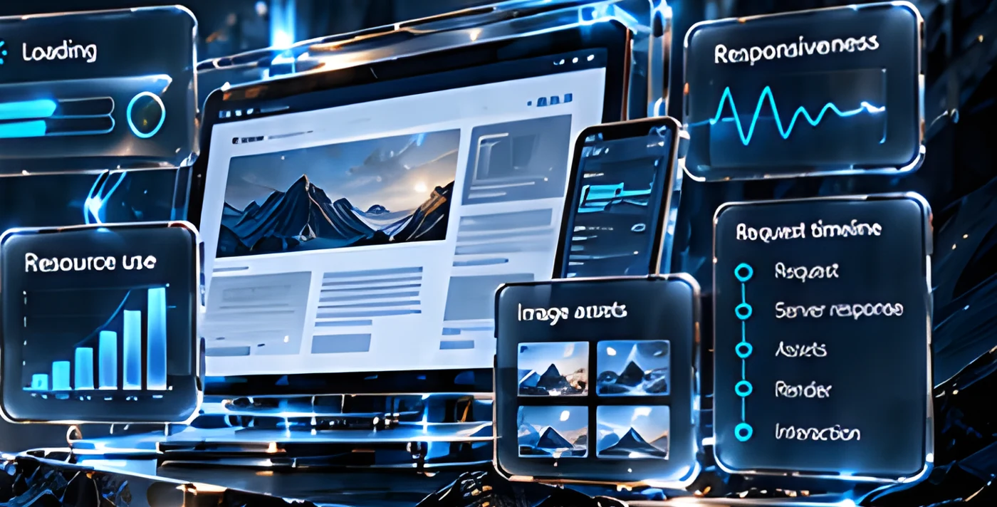 Glass panels showing loading, resource use, responsiveness and request timeline around a website preview
