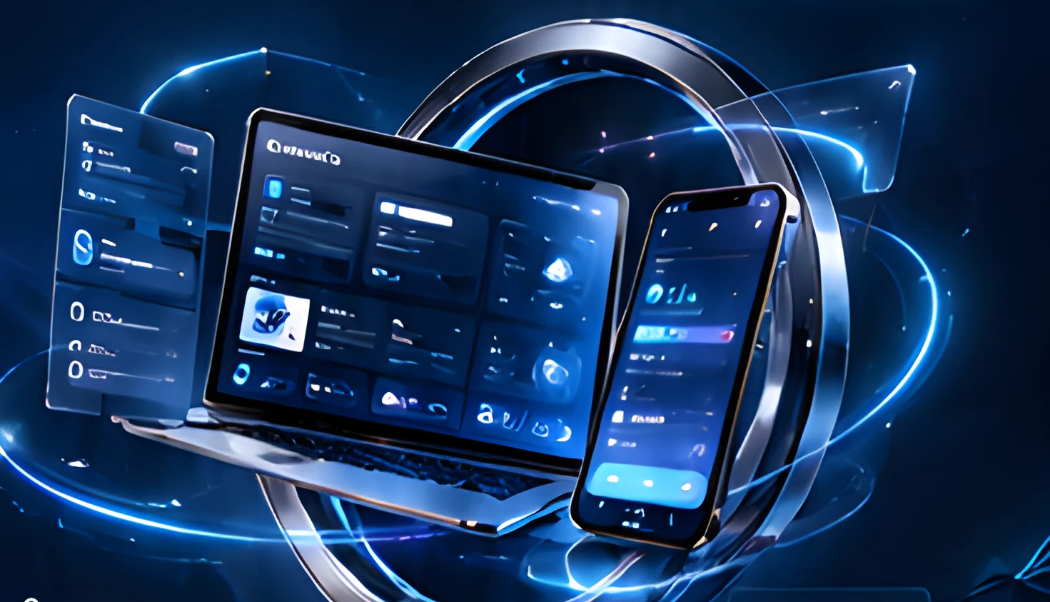 Laptop and phones showing a product interface inside glowing glass rings