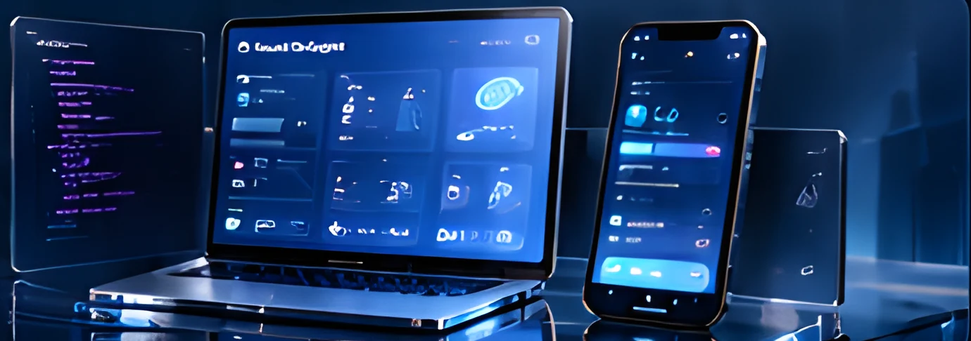 Laptop and phones showing a product with code