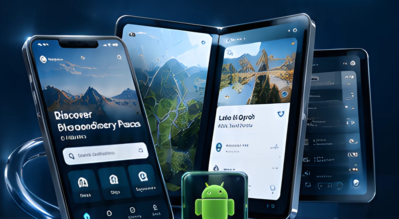 Android phone and foldable showing a travel app beside a glowing Android robot