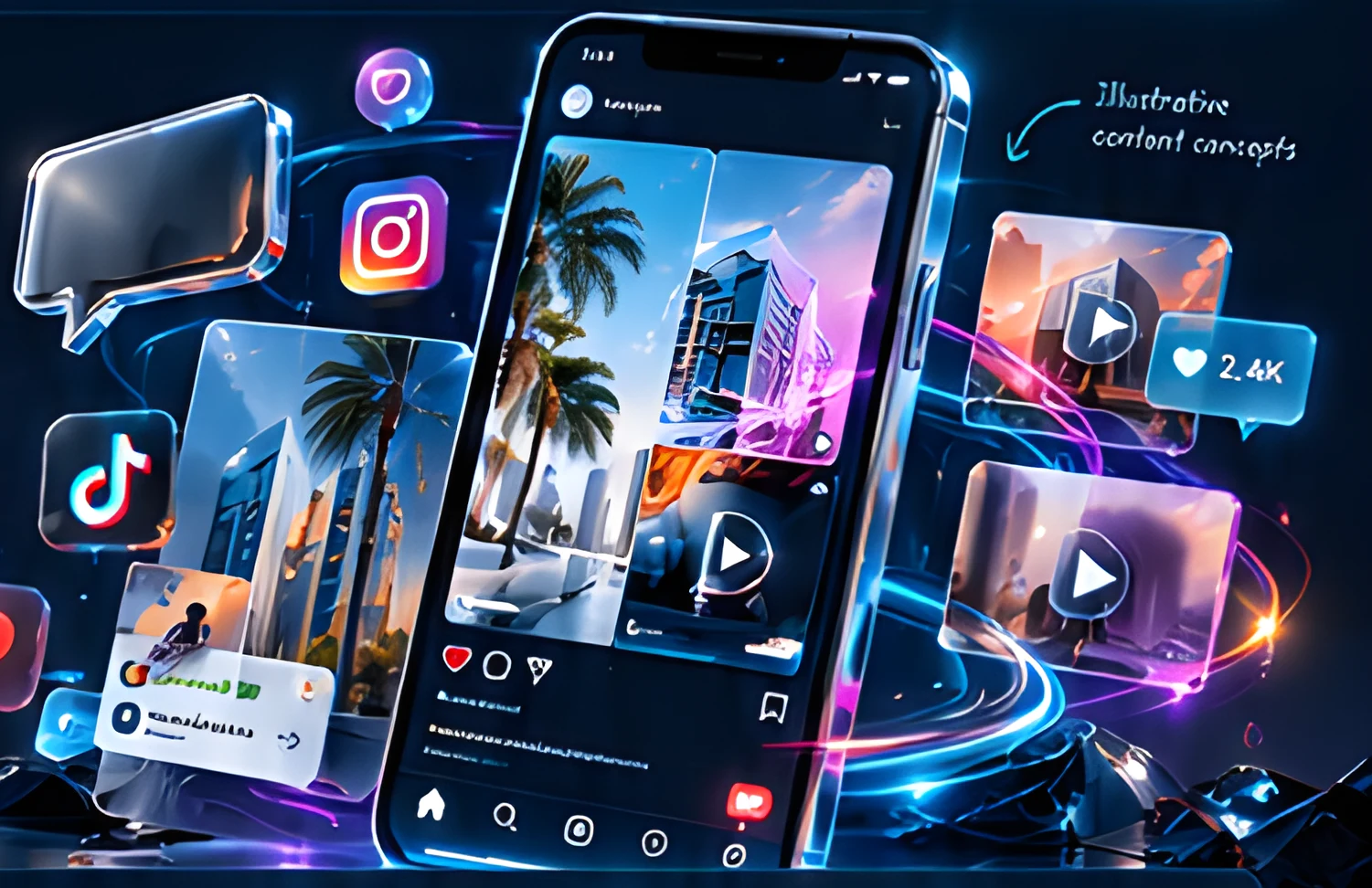 Phone and floating glass tiles showing social posts, reels and engagement
