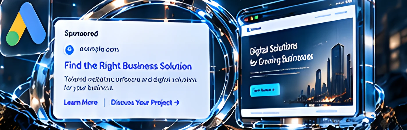 Sponsored search ad and landing page cards inside glowing rings