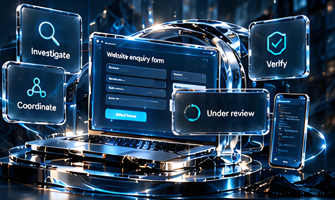 Glass support workspace with Investigate, Coordinate, Verify and Under review panels around a laptop