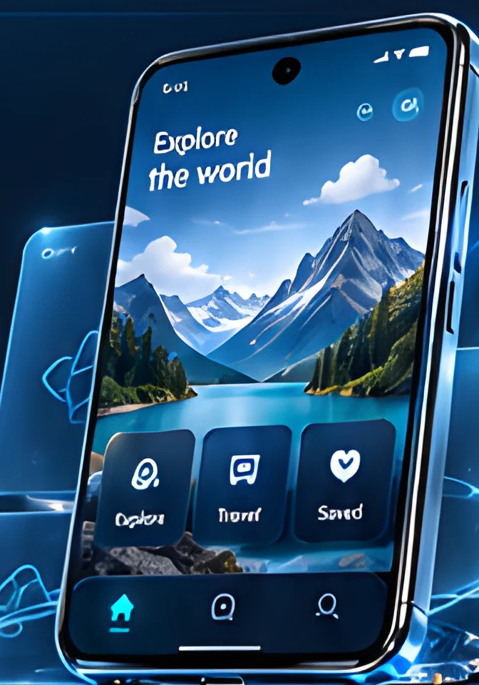 Smartphone showing a travel app with a mountain photo