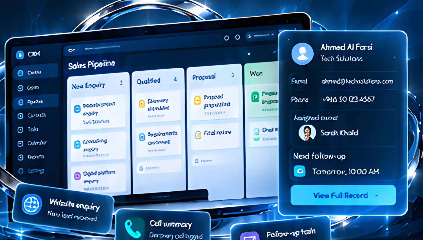 CRM sales pipeline on a laptop with a customer card inside glowing rings
