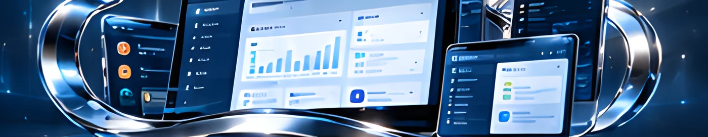 SaaS dashboard on laptop and tablet inside glowing glass rings