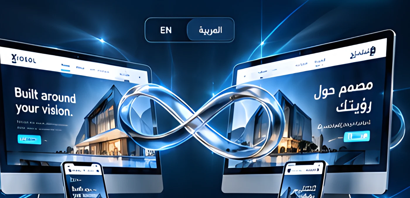 English and Arabic versions of the same website on monitors and phones joined by a glass infinity ribbon