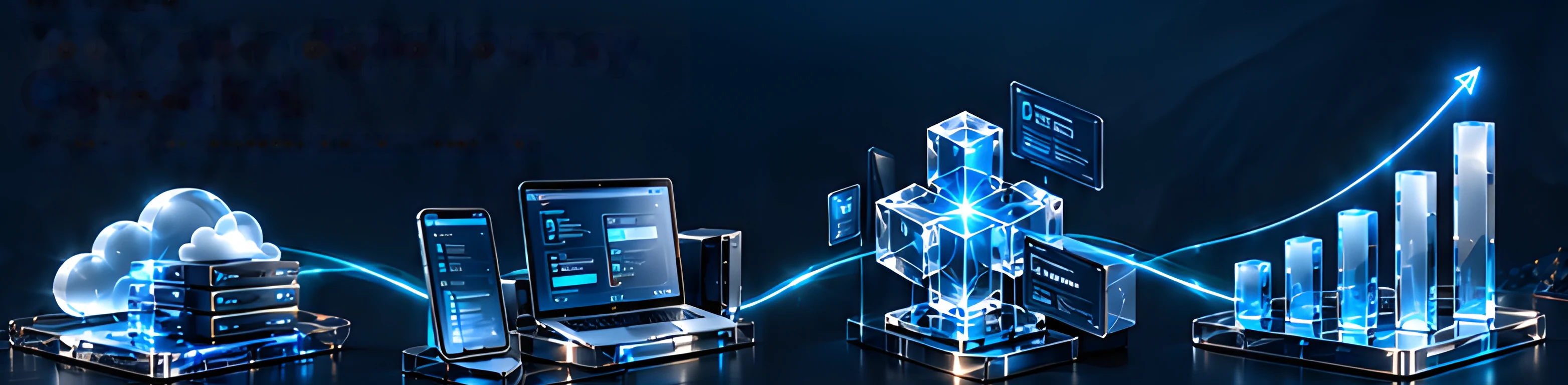 Cloud server, laptop and phone, glass cubes and a rising bar chart linked by a glowing line