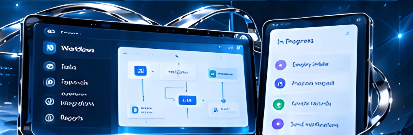Workflow dashboard on laptop and phone inside glowing rings