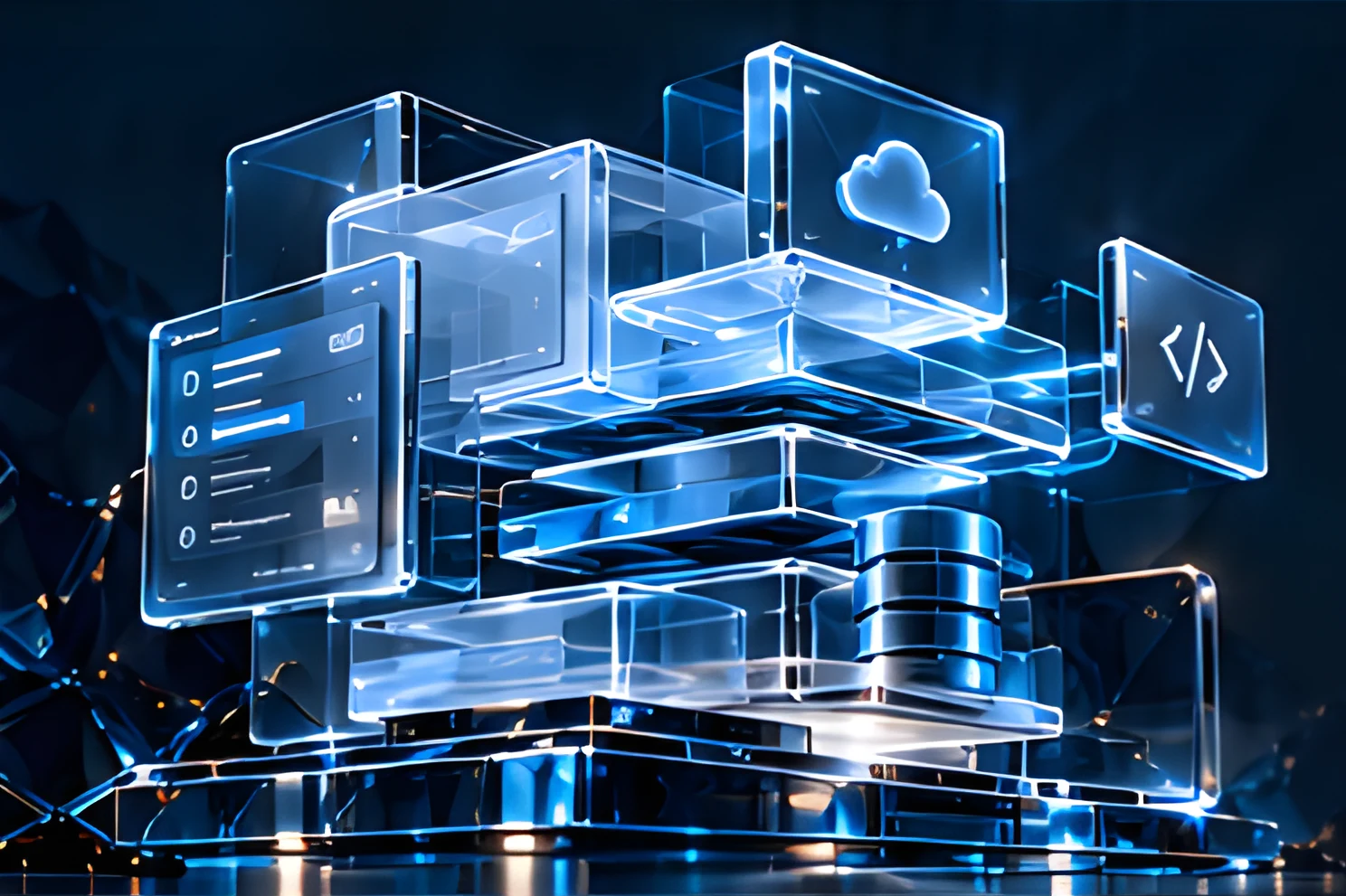 Glass layers with cloud, code, database and dashboard panels forming a software platform