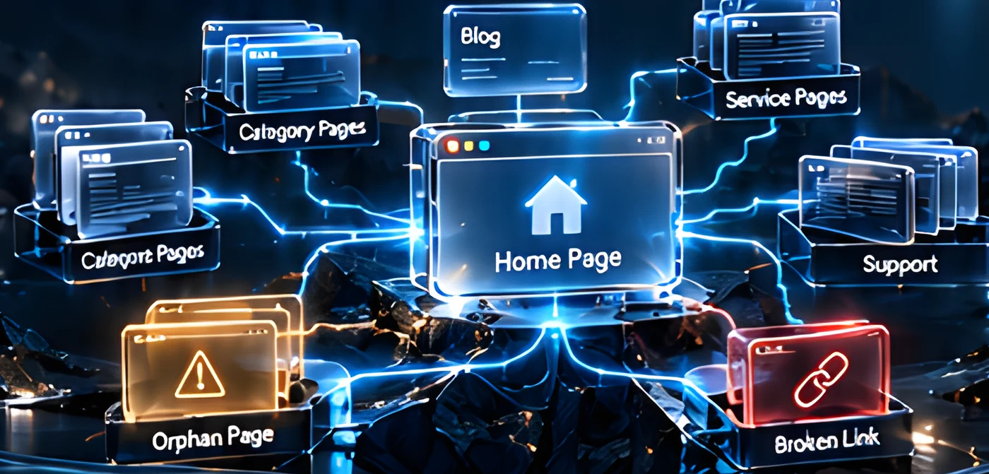 Site map: home page linked to blog, category pages, service pages, support, with an orphan page and a broken link