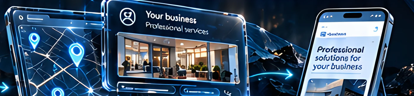 Map results, a business profile and a phone showing professional services