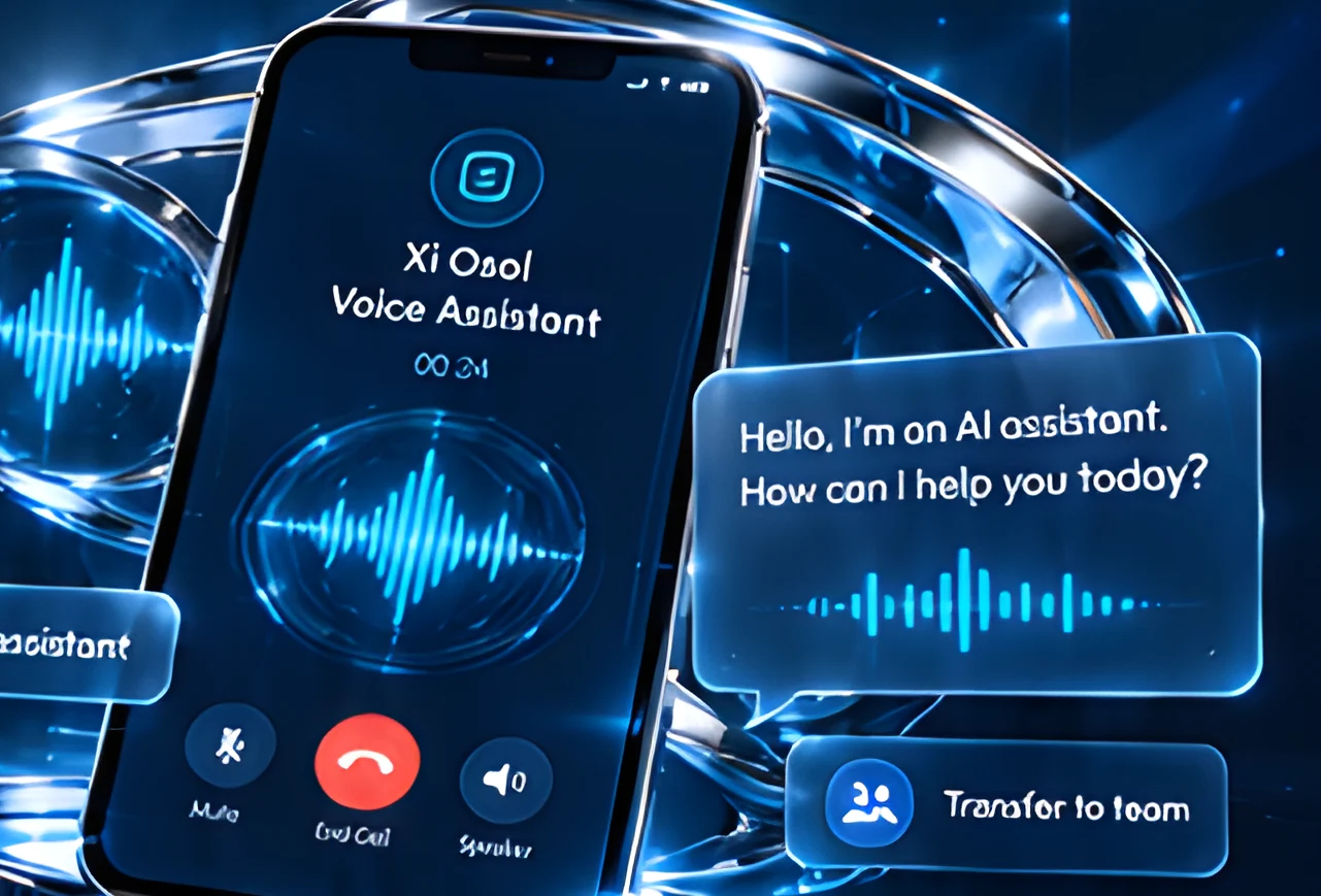 Phone showing an AI voice assistant call with a waveform and a transfer-to-team chip