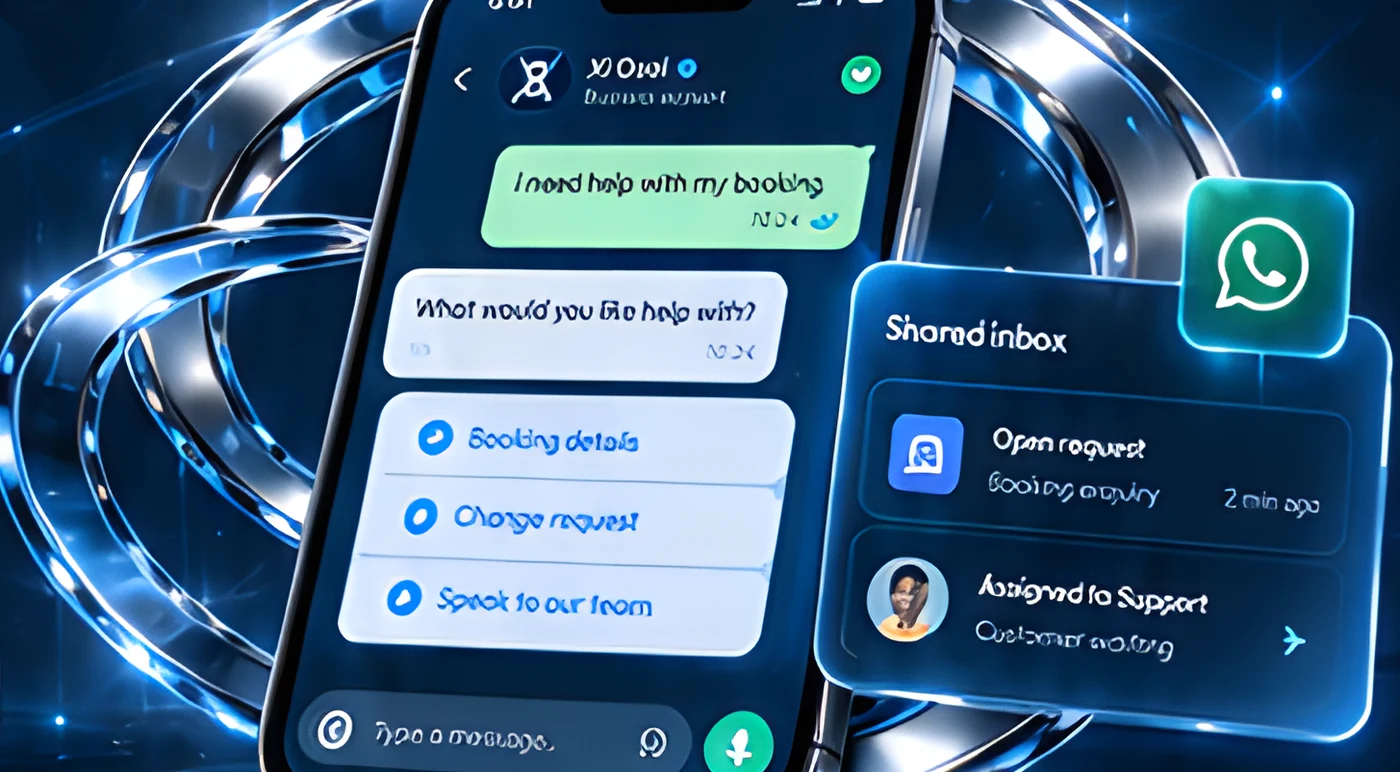 Phone with a WhatsApp booking conversation and a Shared inbox card inside glowing rings