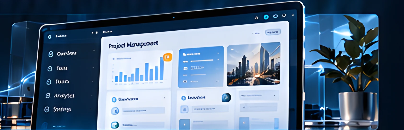 Glass laptop showing a project management dashboard