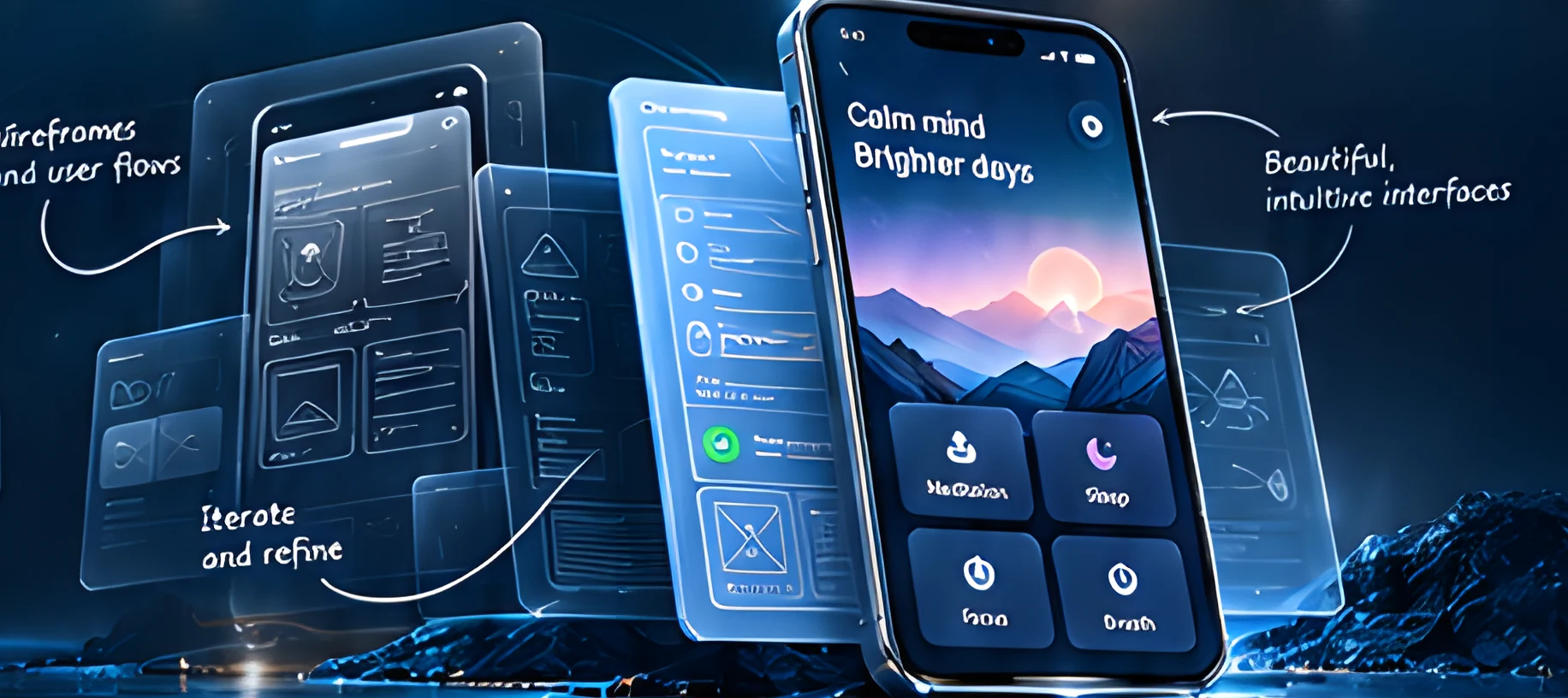 Wireframes becoming a finished phone interface with notes on iterating and refining