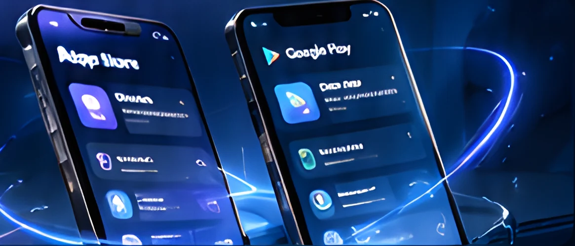 Phones showing App Store and Google Play listings