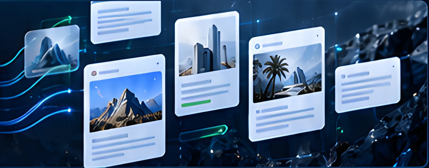Floating glass content cards with mountain and city imagery