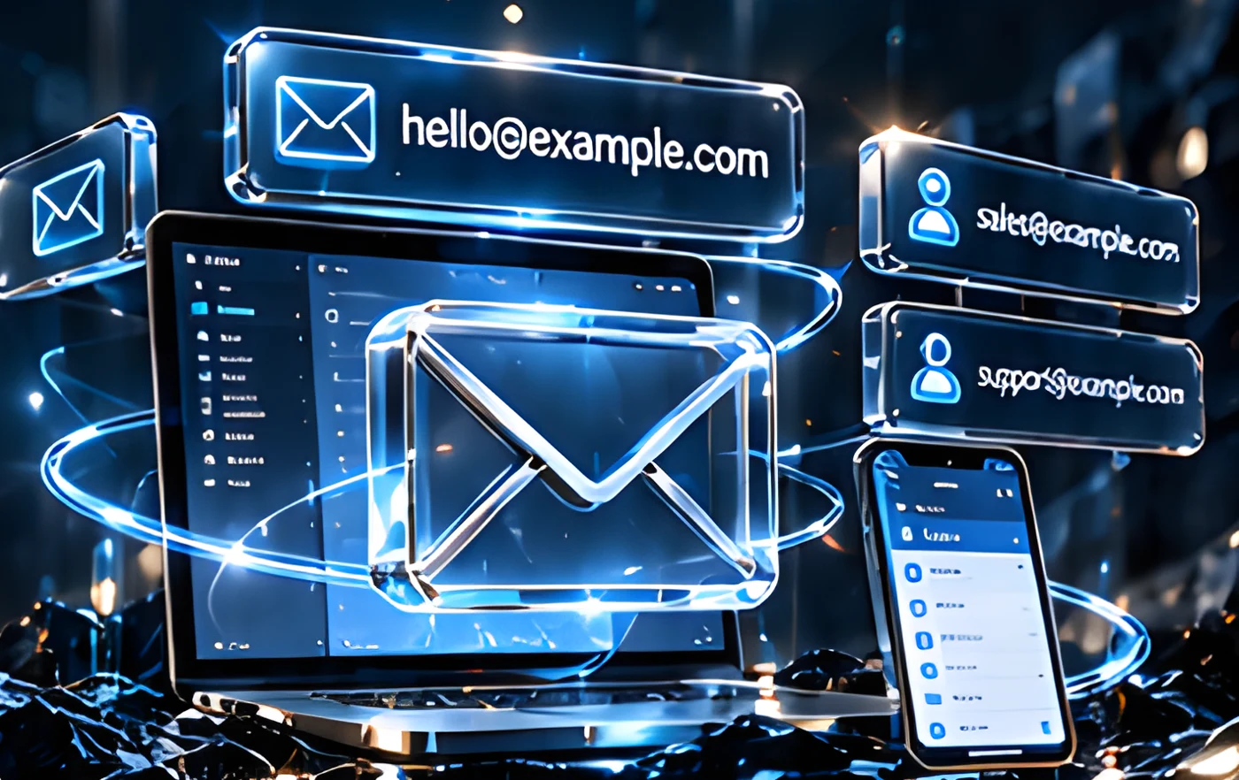 Glass envelope on a laptop with hello@example.com, sales@example.com and support@example.com addresses
