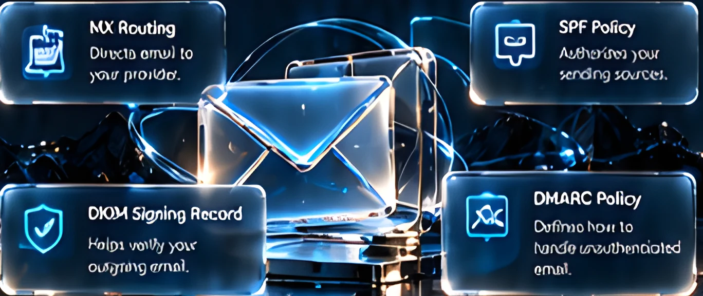 Envelope with MX Routing, SPF Policy, DKIM Signing Record and DMARC Policy
